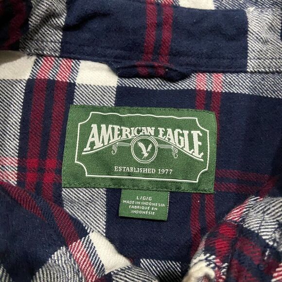 American Eagle Outfitters Vtg Flannel Button Front Plaid Navy Red Men's Large - Picture 5 of 8